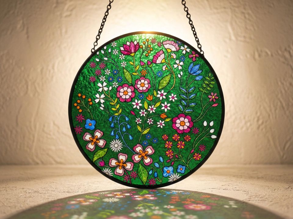 Discover Forest Emerald Suncatcher  Embroidered-Style Floral Window Hanging  Boho Folk Art Gift