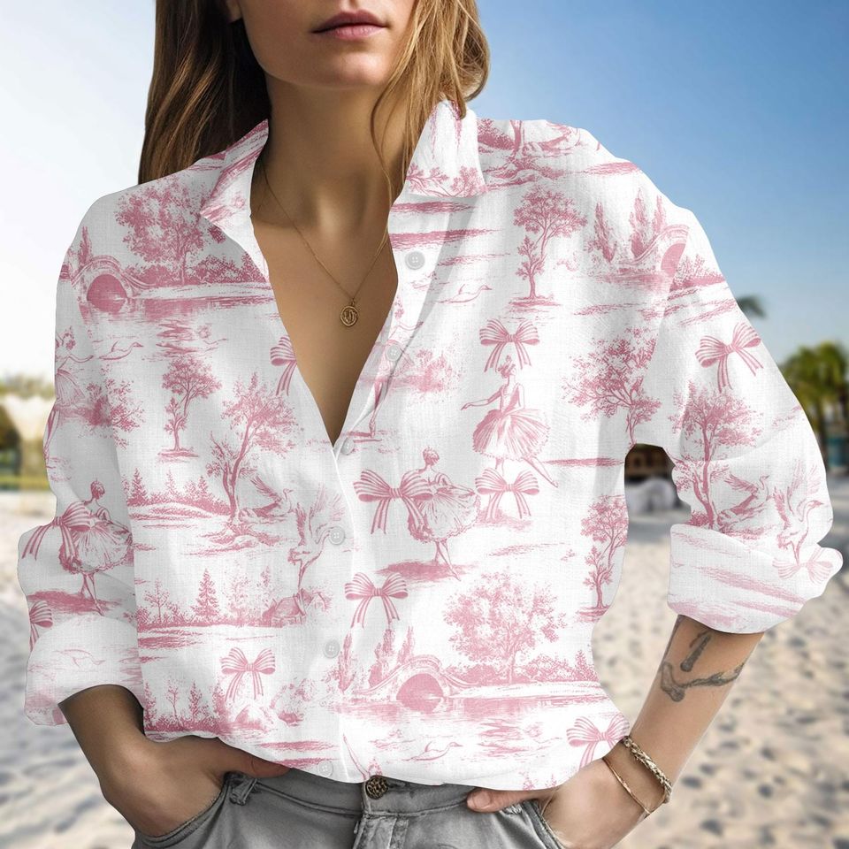 Discover Ballet Dance Blouse Shirt, Linen-look Ballet Shirt, Dancer Button Down Blouse, Pink Vacation Shirt, Gift for Her