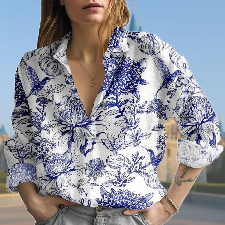 Discover Blue Floral Blouse Shirt, Long Sleeve Button Down Top, Elegant Botanical Shirt Women, Garden Flower Pattern Shirt, Spring Summer Outfit