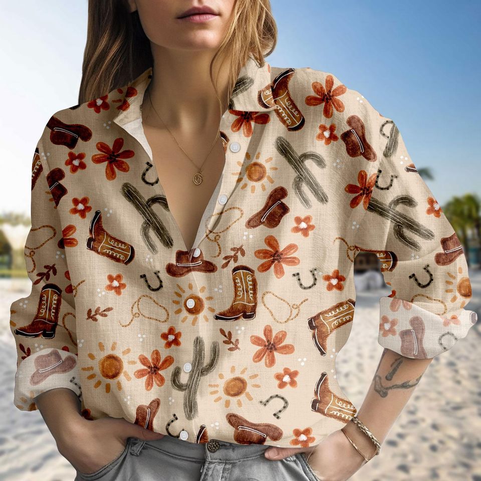 Discover Western Cowgirl Blouse Shirt, Retro Cowboy Boots And Cactus Top, Country Western Button Up Shirt, Rodeo Linen-look Shirt, Western Shirt