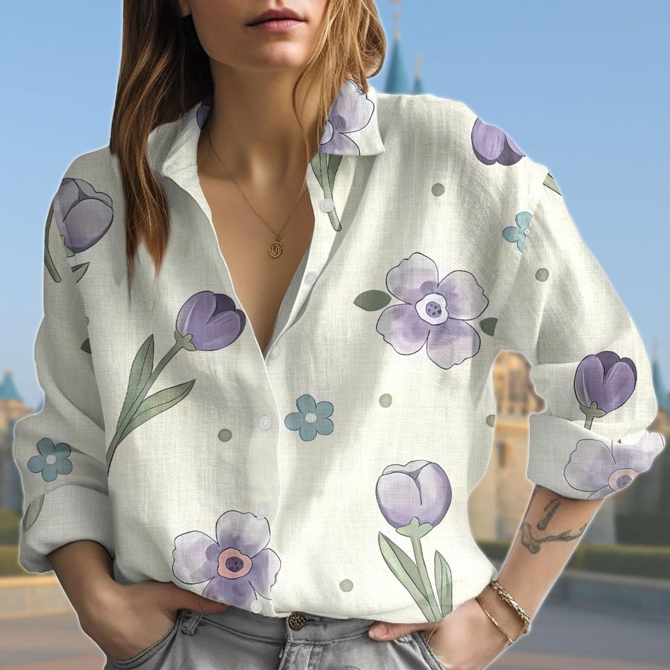 Discover Purple Tulip Blouse Shirt, Floral Button Down Top, Elegant Long Sleeve Garden Shirt, Spring Cottagecore Blouse, Romantic Botanical Top