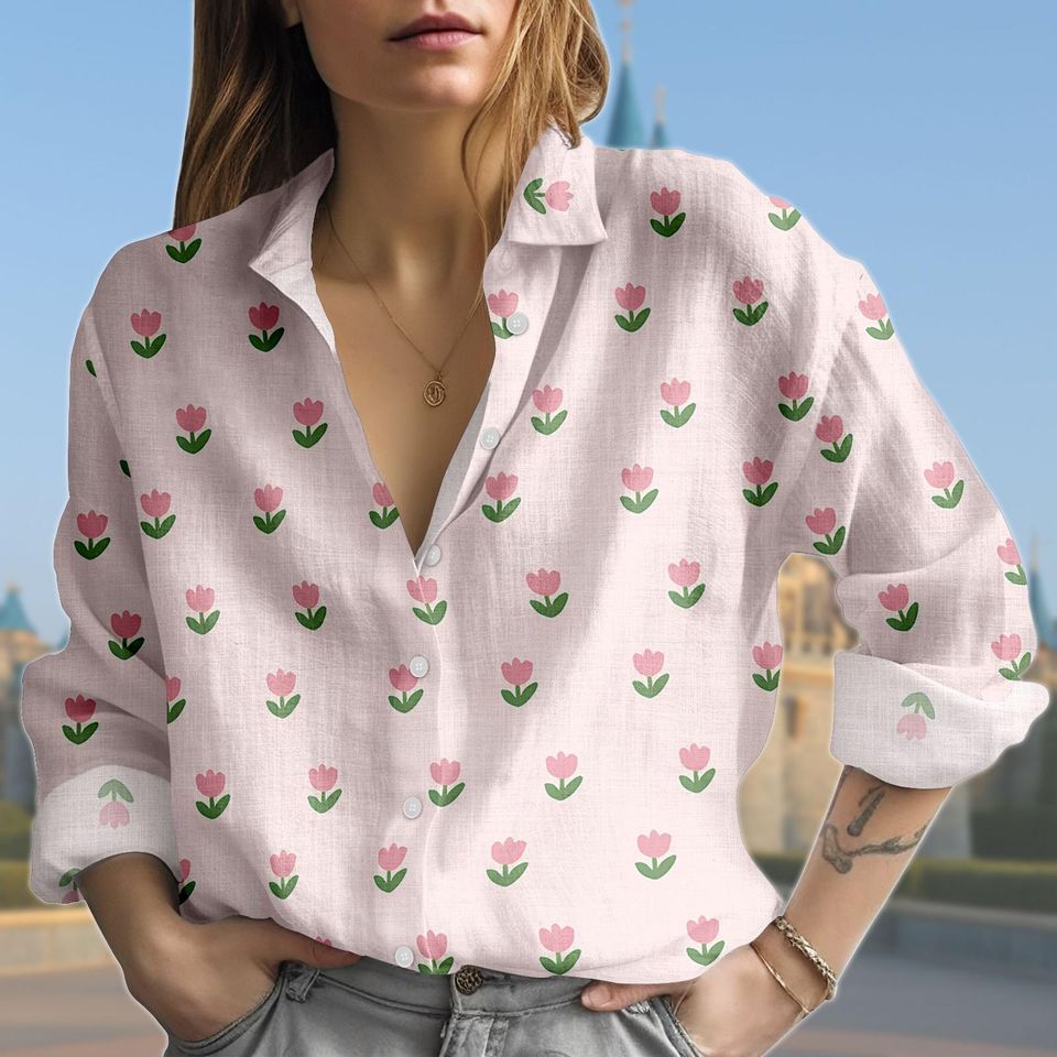 Discover Pink Tulip Blouse Shirt, Floral Button Down Top, Spring Garden Tulip Shirt, Vintage Inspired Flower Blouse, Retro Botanical Print Shirt