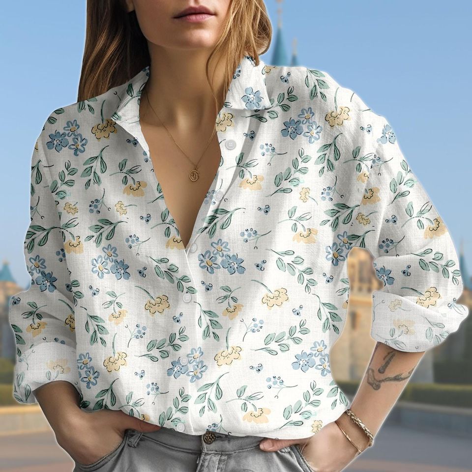 Discover Blue Daisy And Yellow Bird Blouse Shirt, Nature Print Button Down Top, Whimsical Botanical Animal Shirt, Cottagecore Style Blouse
