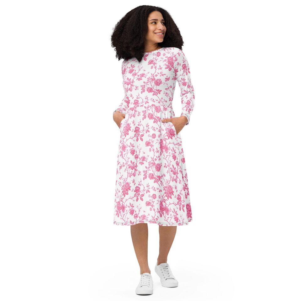 Pink Floral Long-Sleeved Midi Dress for Women