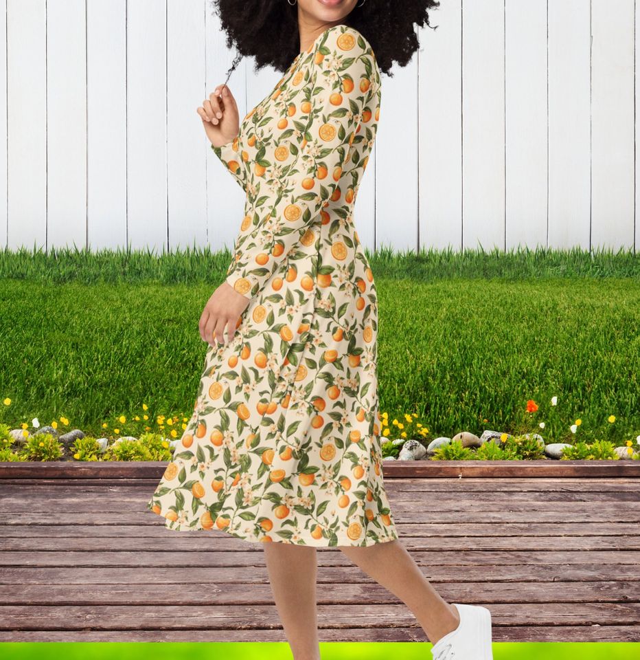 Orange Blossoms Long Sleeve Midi Dress for Women