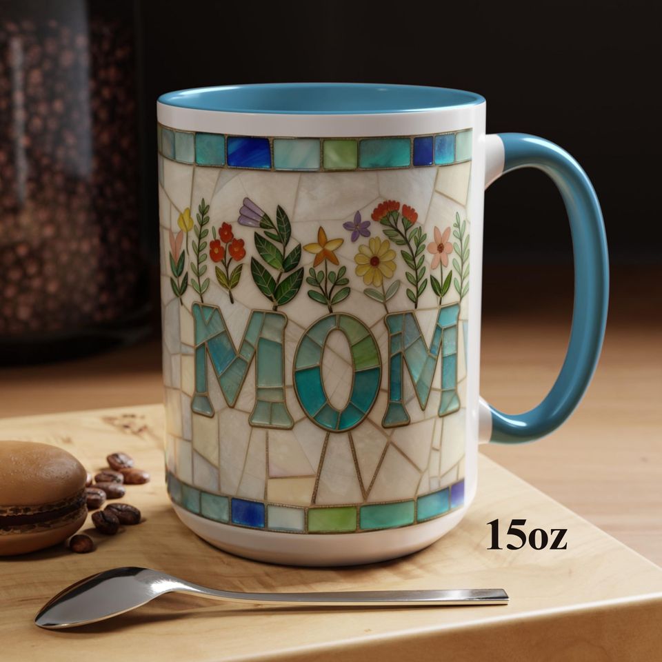 Discover Stained Glass Style Floral MOM Mug, Ceramic Coffee Cup, 11oz / 15oz, Gift for Mothers Day, Birthday, New Mom, Baby Shower