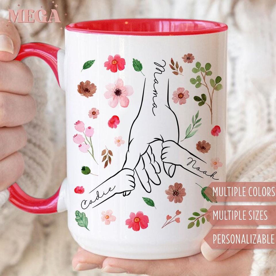 Discover Custom Mom Mug, Personalized Holding Mom Hands Mug, Mom Mug with Kids' Names, Custom Gift for Mama 005604
