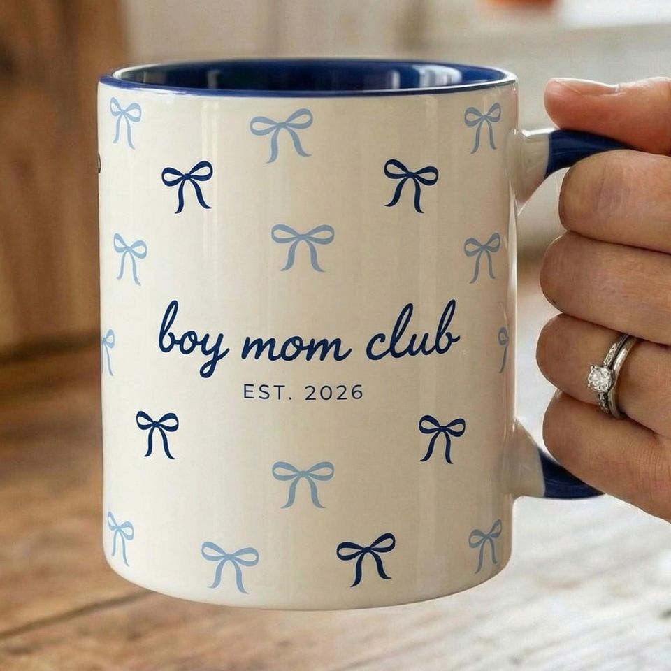 Discover Boy Mom Club Mug, Custom Blue Pastel Coffee Cup, Coquette Mother's Day Accent Mug, Personalized Gift For Mom Mommy
