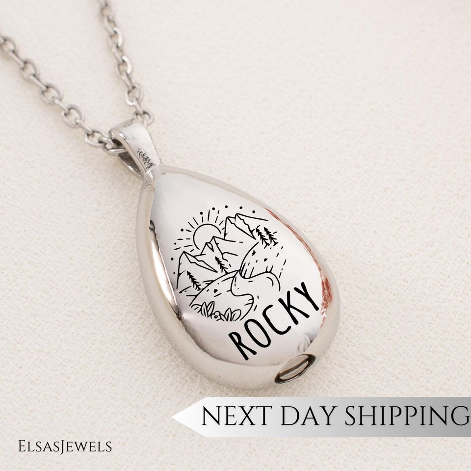 Personalized Teardrop Cremation Necklace with Name Mountain Design Memorial Jewelry