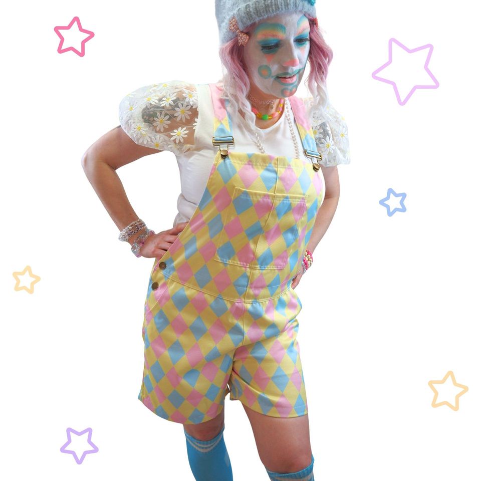 Dreamy Marshmallow Harlequin Shortie, Nonbinary Clowncore Jester Jumpsuit Clown Pants Dungaree Shorts