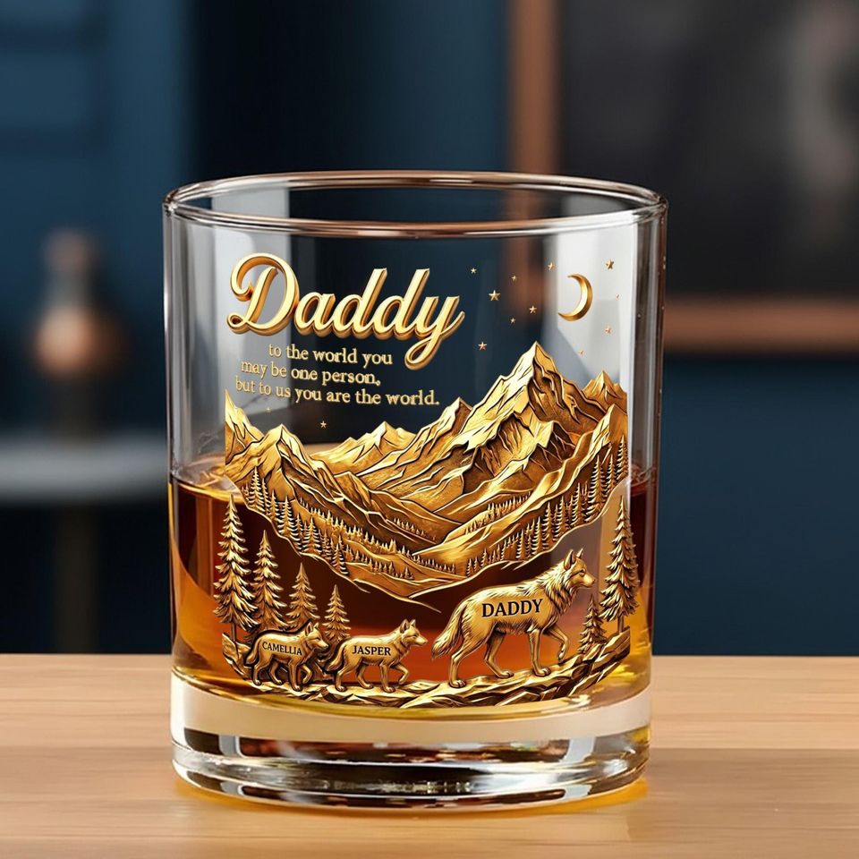 Discover Personalized Whiskey Glass, Daddy Wolf Family Tumbler, Mountain Forest Drinkware