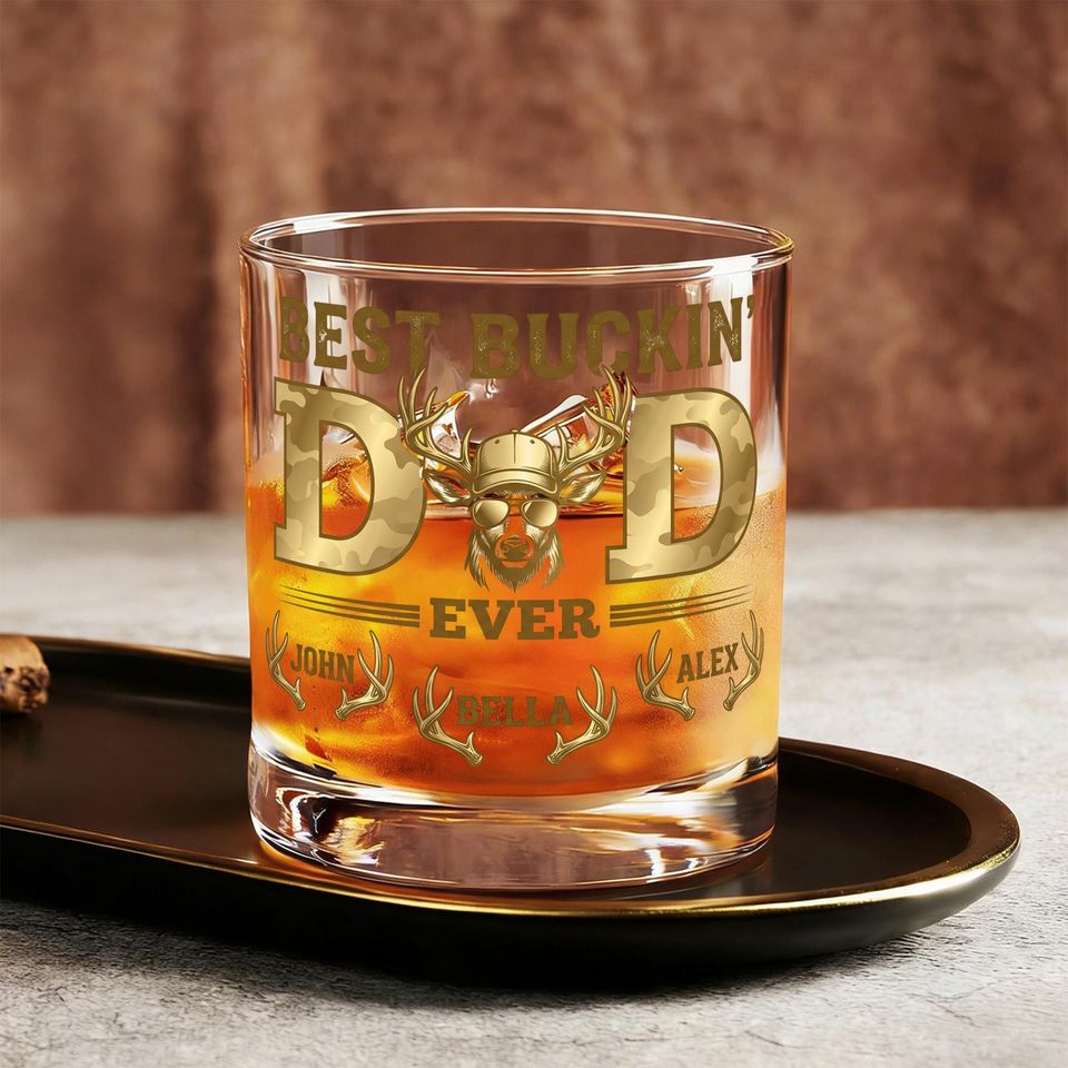 Discover Personalized Whiskey Glass, Deer Antler Dad Tumbler, Custom Name Printed Bar Drinkware