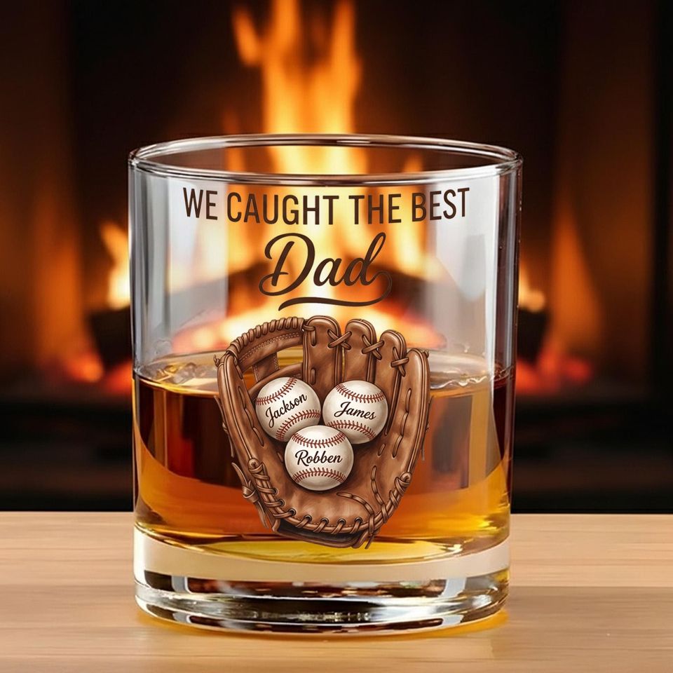 Discover Personalized Glass Whiskey Tumbler, Baseball Glove Name Rocks Glass, Custom Dad Barware