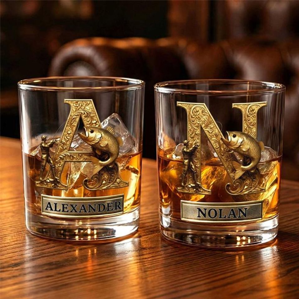 Discover Custom Name Angler & Fish Alphabet Whiskey Glass, Bourbon Old Fashioned Glass, Birthday/Father's Day for Him/Dad/Grandpa/Fishing, cS17NdXa