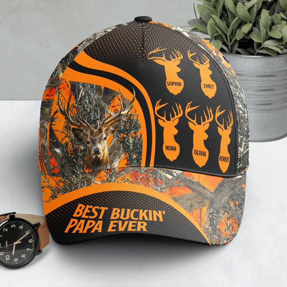 Discover Personalized Best Buckin' Papa Ever Cap, Gift For Dad, Grandfather, Happy Fathers Day 2024 Gift Ideas, Best Dad Ever Classic Cap