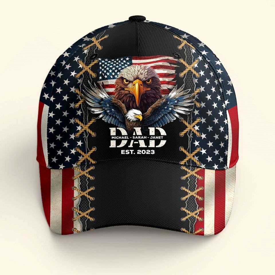 Discover Personalized Dad Est American Flag Rustic With Kids' Names Cap , Happy Fathers Day 2024 Gift Ideas, Classic Cap Gift For Dad, Papa