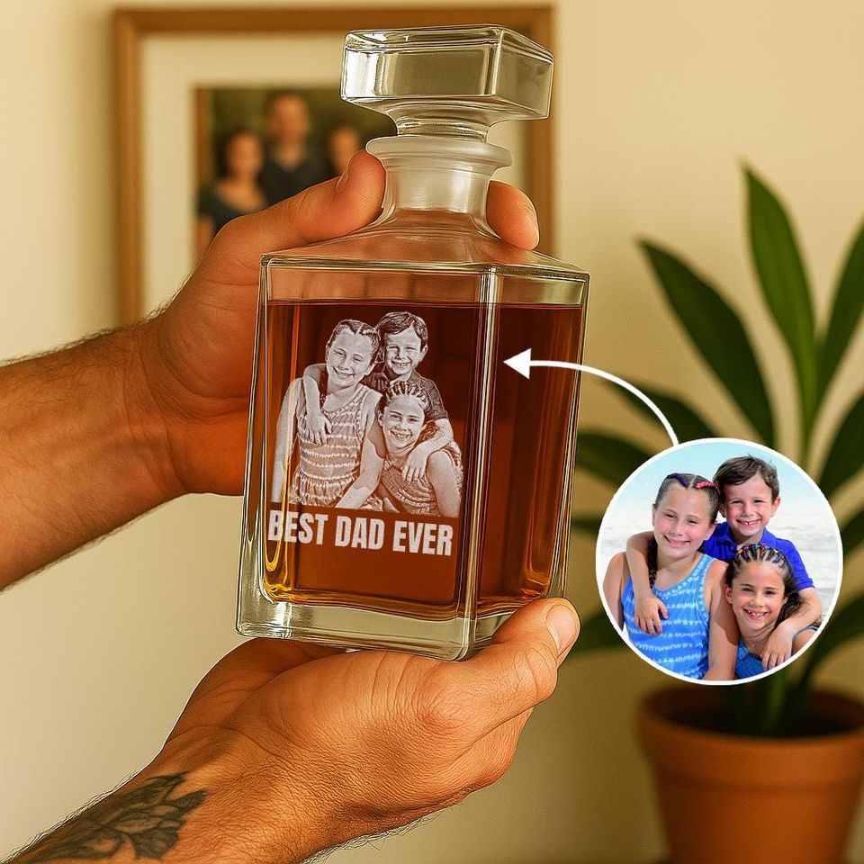 Discover Personalized Whiskey Decanter with Photo, Engraved Bourbon Bottle, Custom Father's Day Gift for Dad