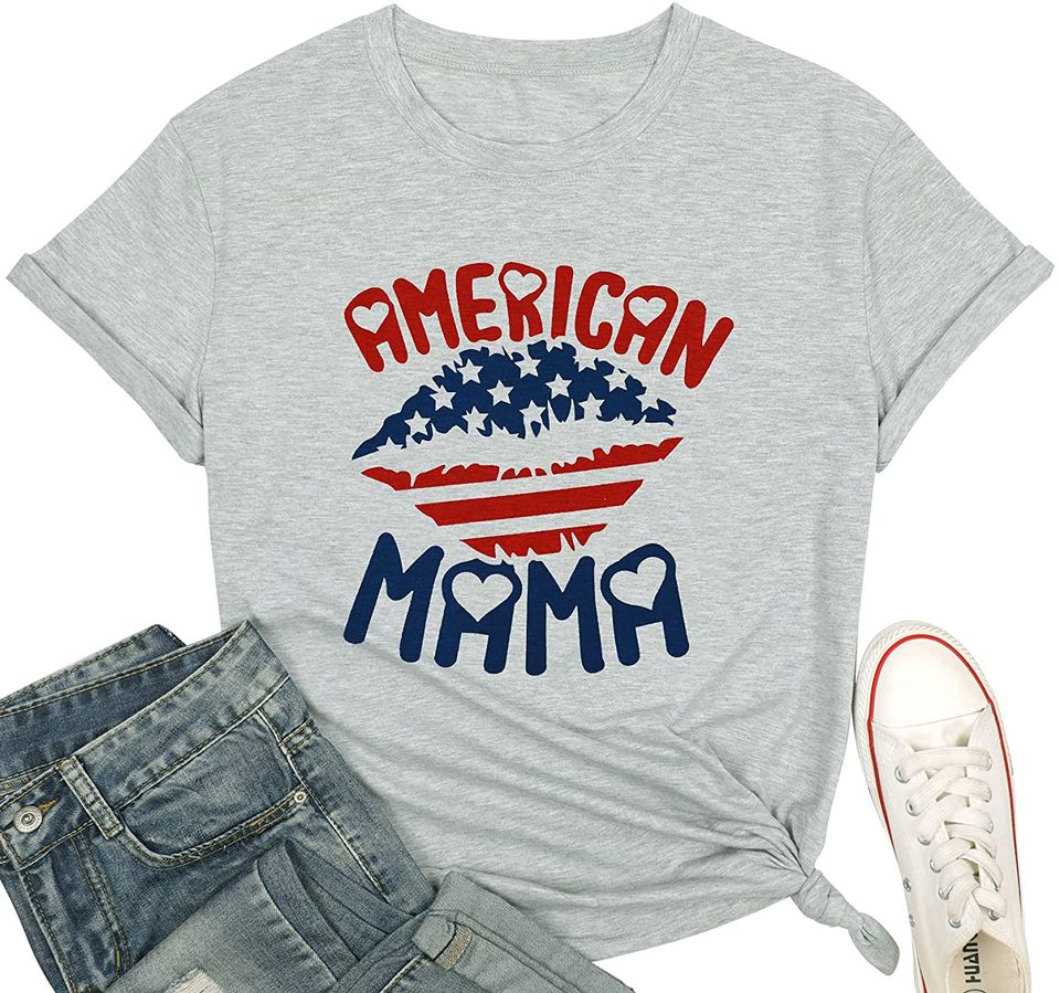 America Mama Shirt for Women American Flag Lip Print T-Shirt Independence Day Short Sleeve Tee Top