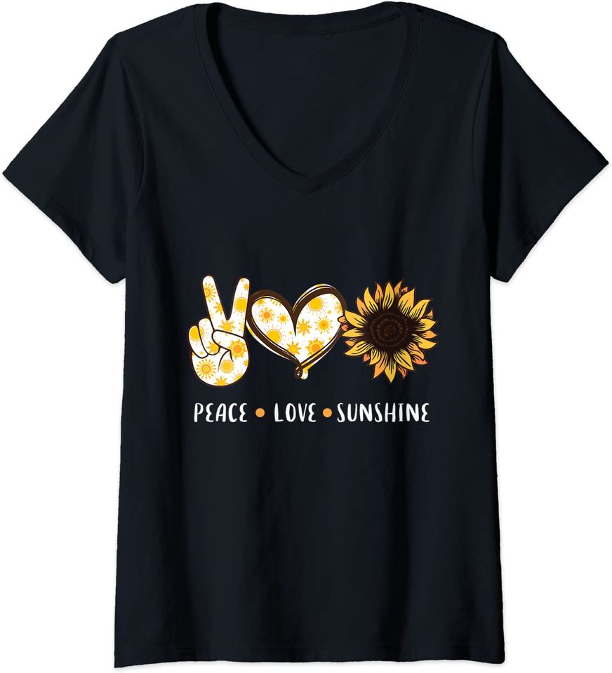 Womens Peace Love Sunshine Sunflower Hippie gift for men women kids V-Neck T-Shirt