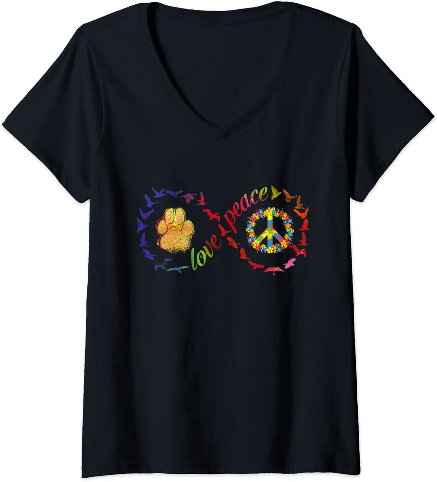 Womens Love Peace Dog Paw Infinity Sign Perfect 70s Tie Dye Hippie V-Neck T-Shirt