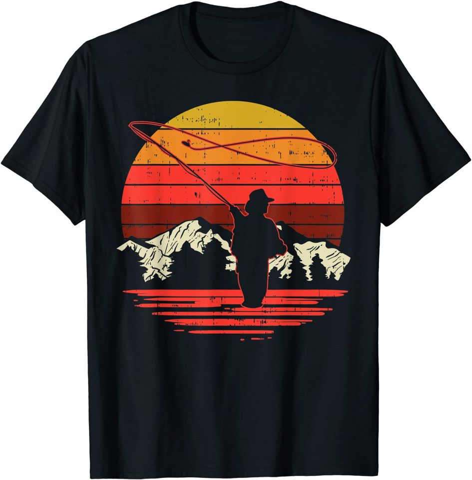 Fly Fishing Sunset Retro Trout Angling Fisherman Angler Gift T-Shirt
