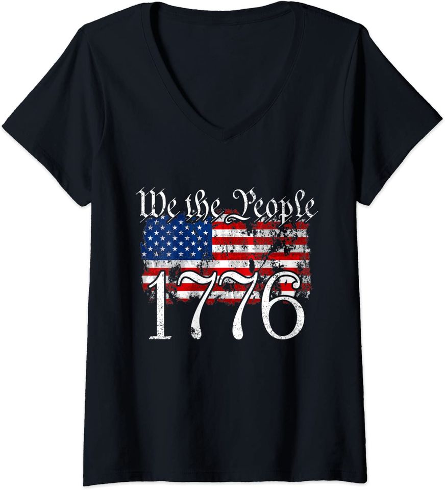 Womens We The People 1776 U.S. Constitution Freedom American Flag V-Neck T-Shirt