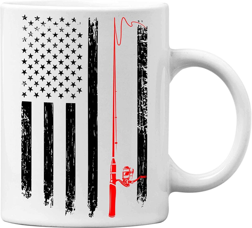 Fishing Pole American Flag Funny White 11 Oz. Coffee Mug - Great Novelty Gift for Mom, Dad, Father, Mother, Siblings, Co-Workers and Friends