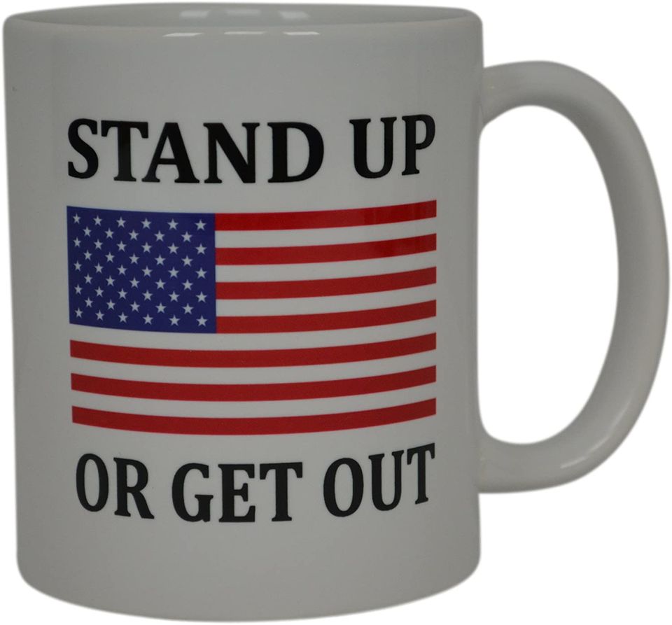 Republican Conservative Coffee Mug USA Flag American Stand Up Or Get Out Novelty Cup National Anthem Gift For Men Dad Father Husband Military Veteran Conservative USA Flag