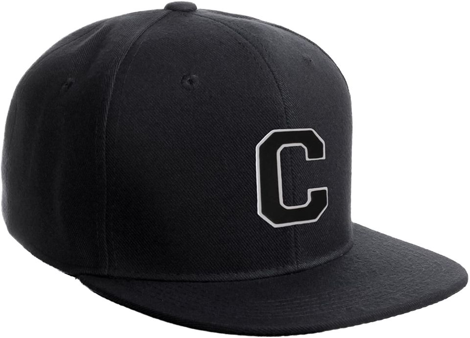 Classic Snapback Hat Custom A to Z Initial Raised Letters, Black Cap White Black