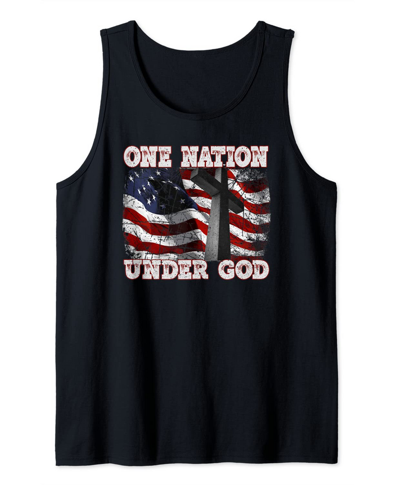 One Nation Under God Patriotic Christian Cross American Flag Tank Top