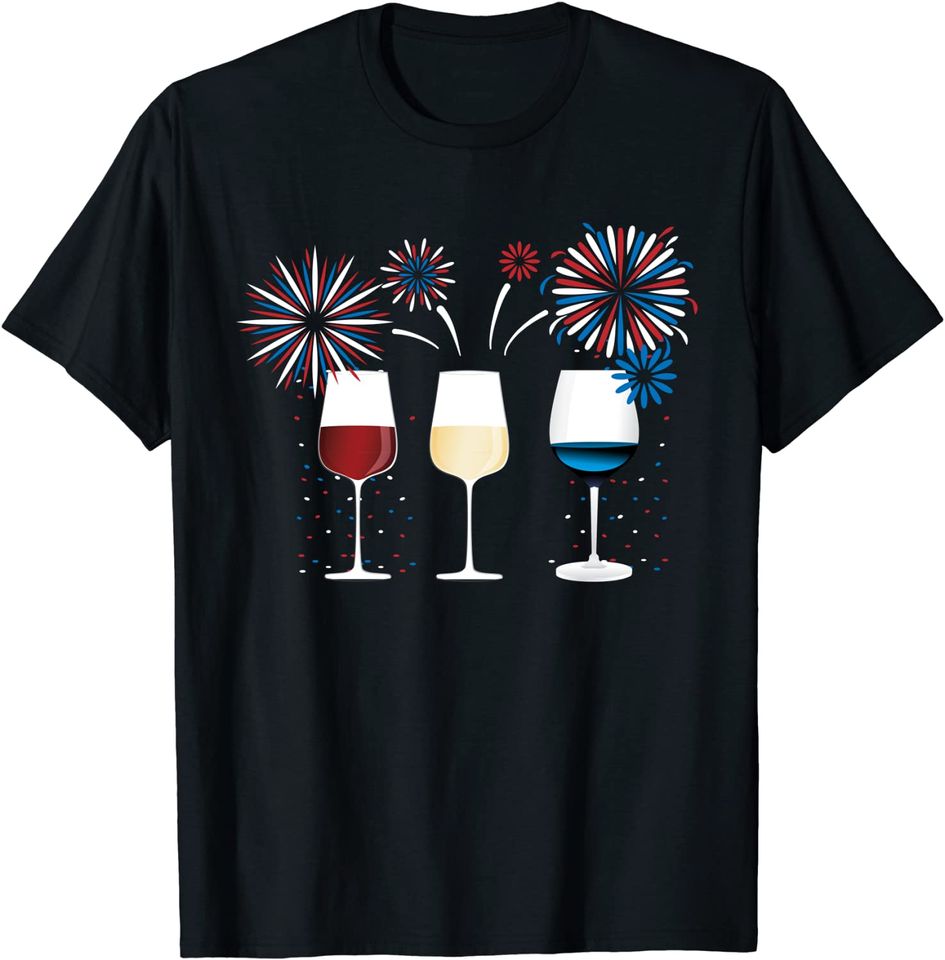 Funny Wine Glass T-Shirt Red White and Blue Firework shirt