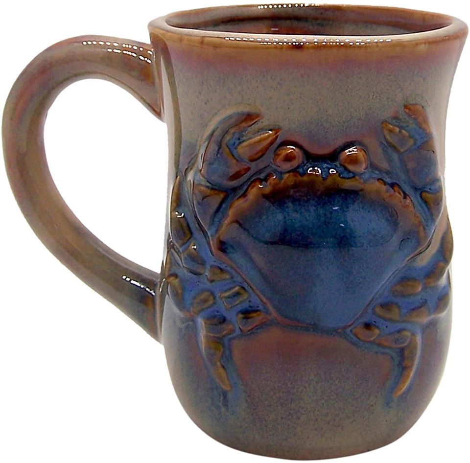 Brown and Tan Coffee Mug with a Blue and Brown Crab
