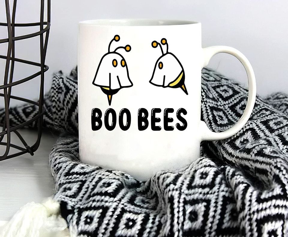 Boo Bees Mug, Horror Halloween Mug, Cute Ghost Mug, Graphic Mugs White 11Oz