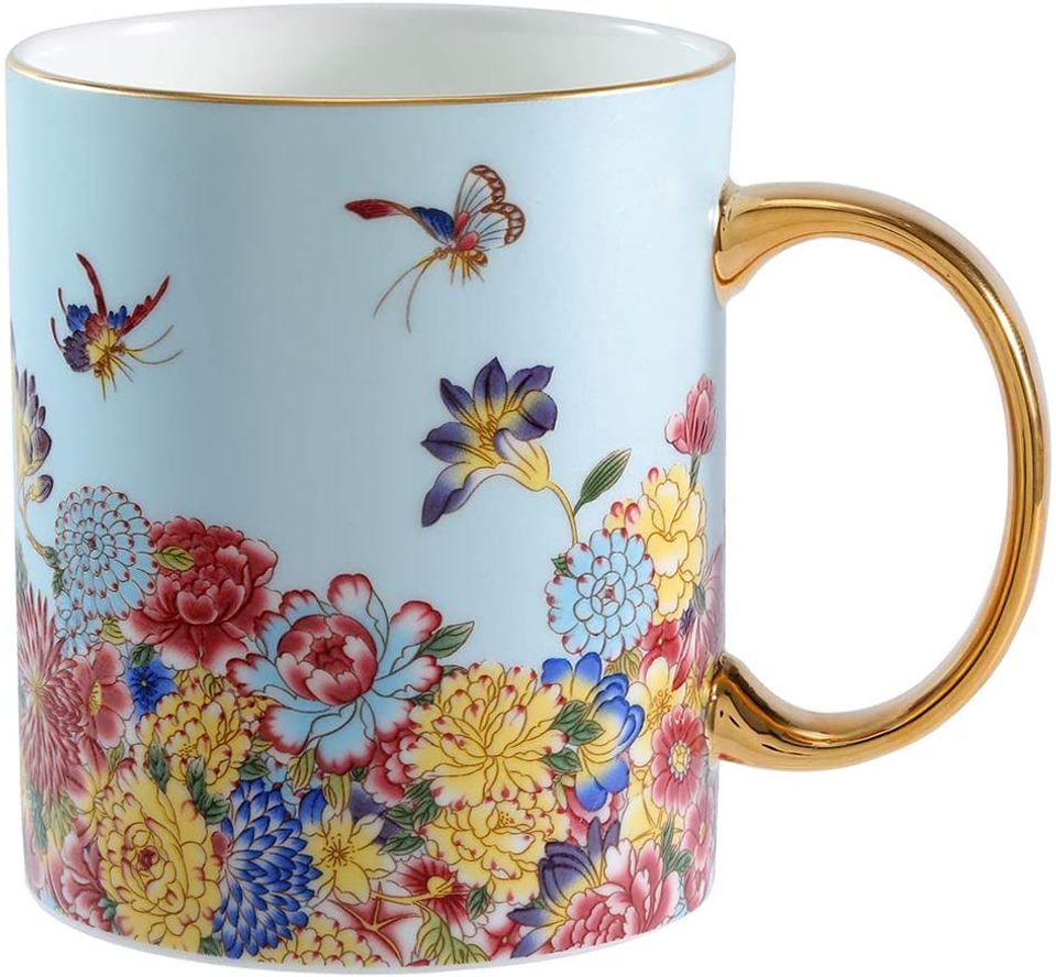 Coffee Mugs for Women with Golden Handle Flowers and Butterflies Birthday Christmas Mother's day