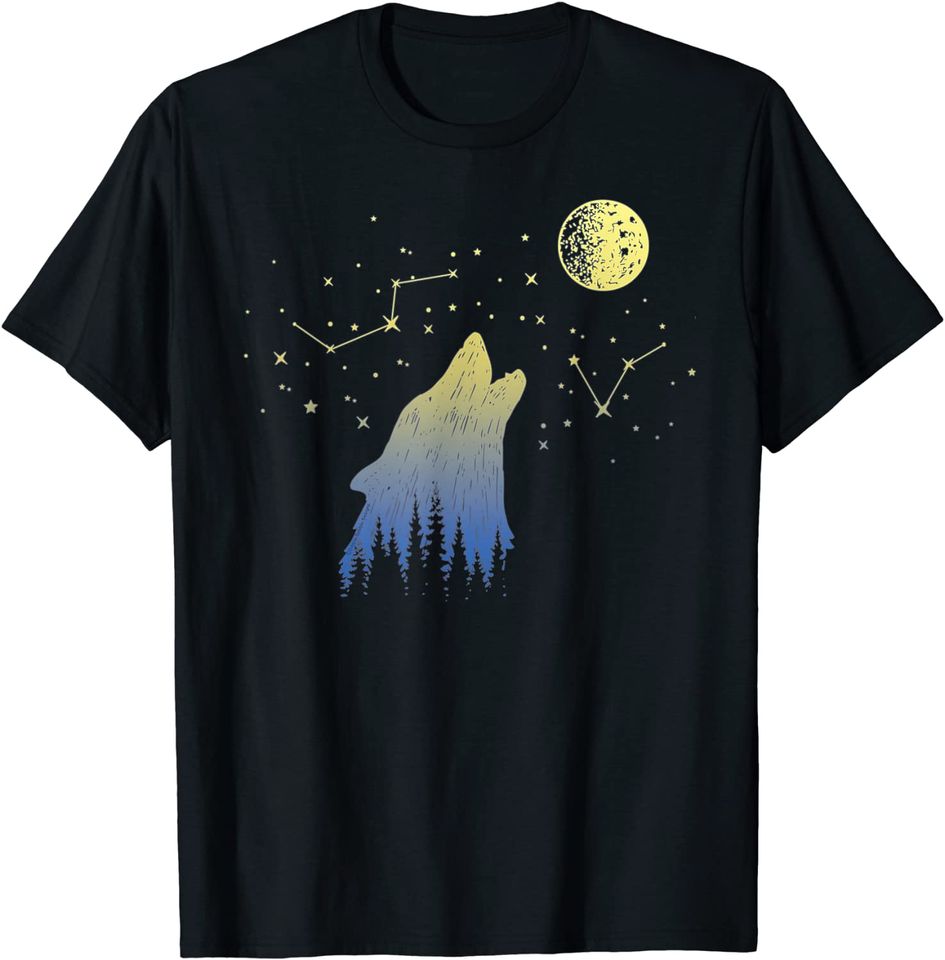 Wolf Howling at Stars Constellations and Moon T Shirt