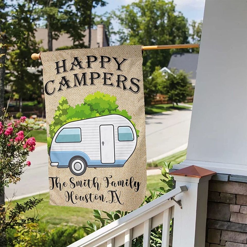 Personalized Happy Camper Garden Flag Custom Family Name