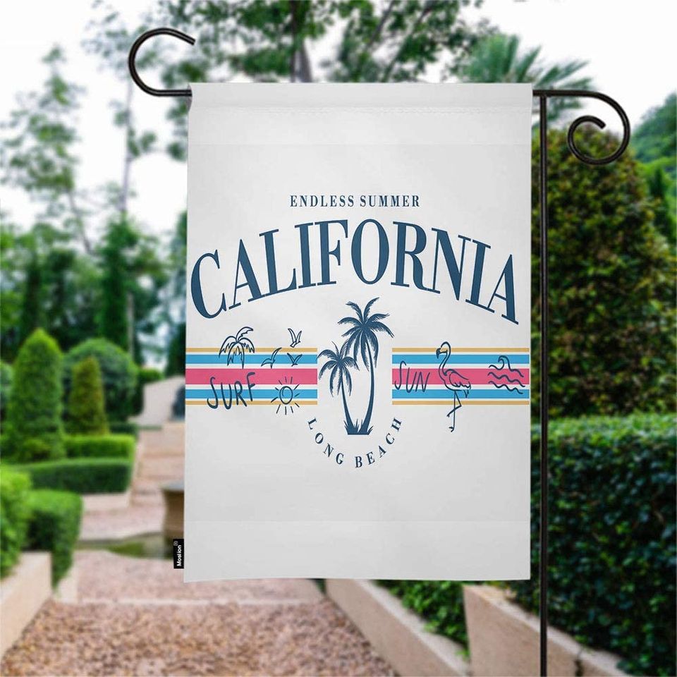 Endless Summer California Long Beach Surf Garden Flag Flamingo