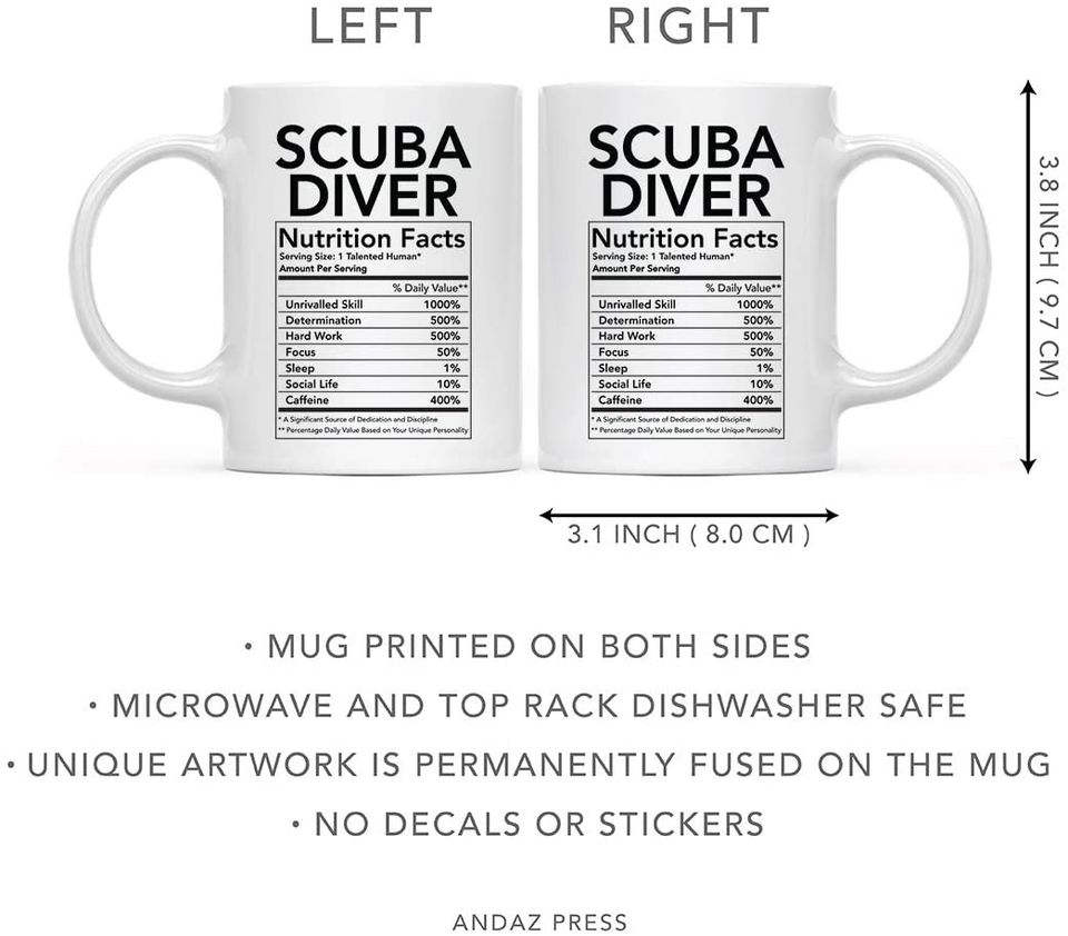 Andaz Press Funny 11oz. Ceramic Coffee Tea Mug Thank You Gift, Scuba Diver Nutritional Facts, 1-Pack, Novelty Gag Birthday Christmas Gift Ideas Coworker
