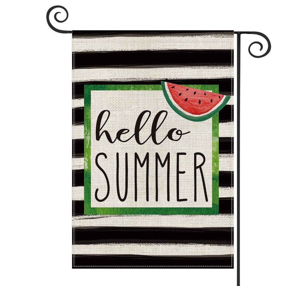 Watercolor Stripes Hello Summer Watermelon Garden Flag Vertical Double Sized, Holiday Party Yard Outdoor Decoration