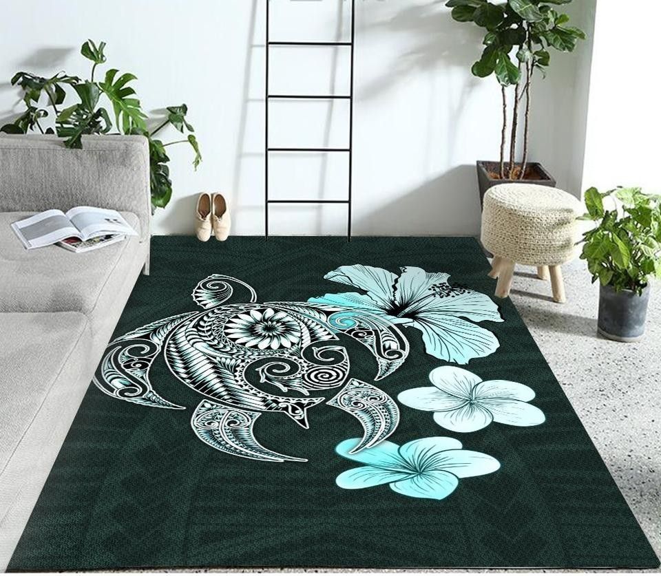 Hibiscus Plumeria Mix Polynesian Turquoise Turtle Rug
