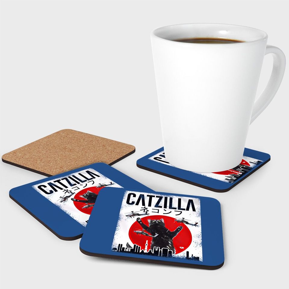 Vintage Catzilla Japanese Sunset Style Cat  coaster