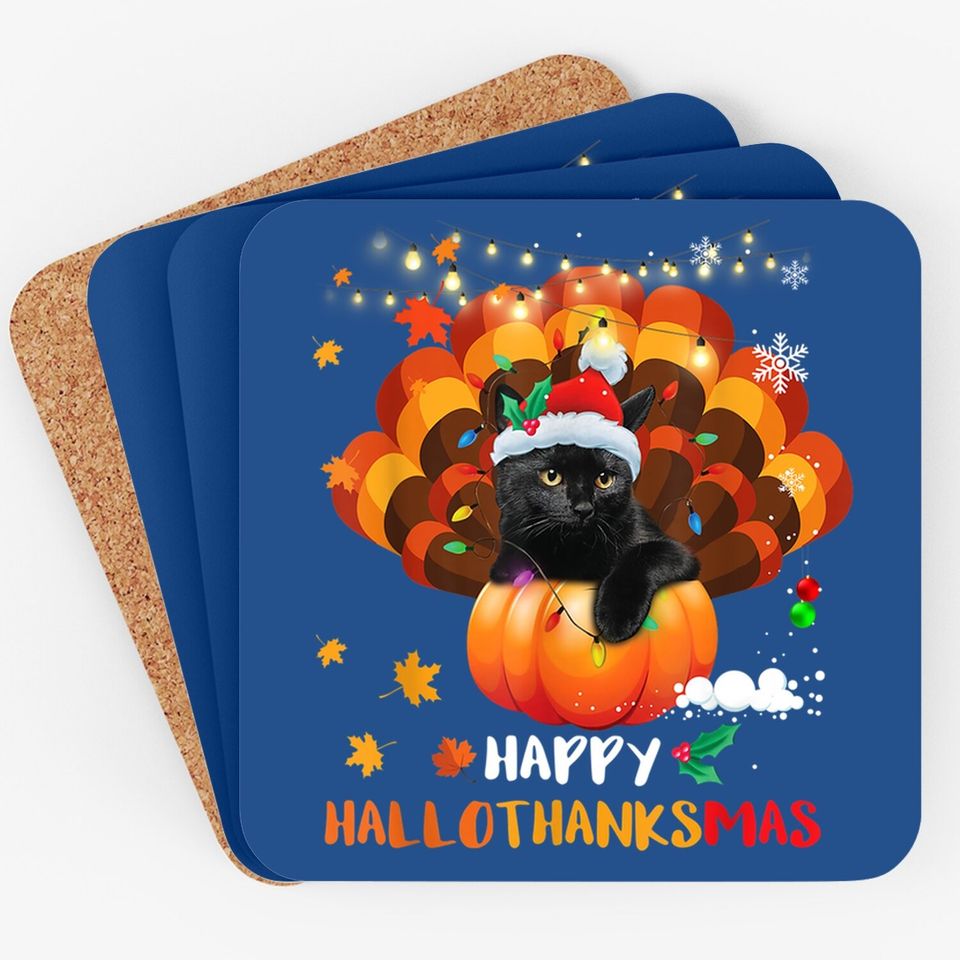Happy Hallothanksmas Pumpkin Turkey Black Cat Lovers Gifts Coaster