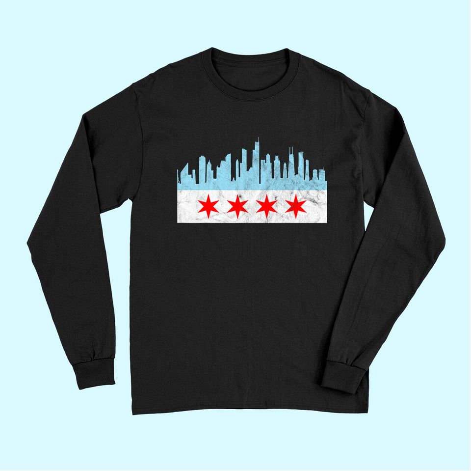 Chicago Flag Distressed Vintage Downtown Skyline Illinois Long Sleeves