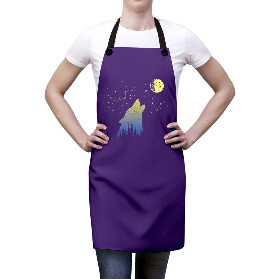 Wolf Howling At Stars Constellations And Moon Apron