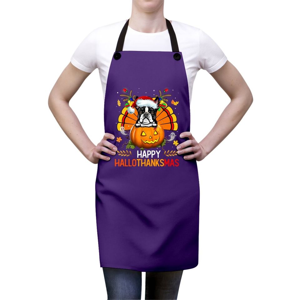 Boston Terrier Happy Hallothanksmas Halloween Thanksgiving Apron
