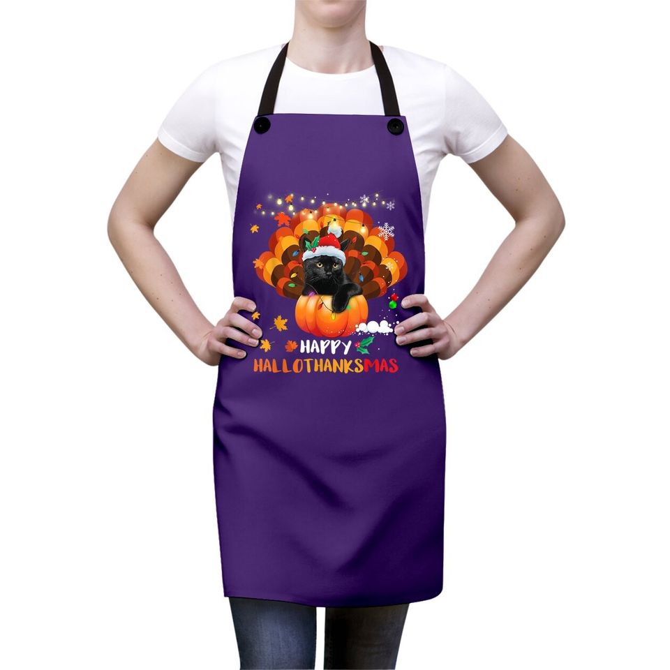 Happy Hallothanksmas Pumpkin Turkey Black Cat Lovers Gifts Apron