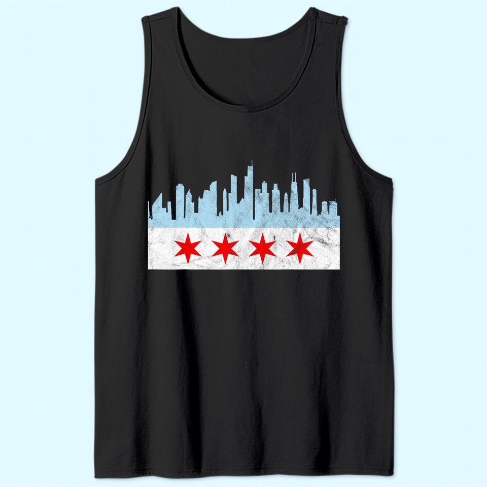 Chicago Flag Distressed Vintage Downtown Skyline Illinois Tank Top