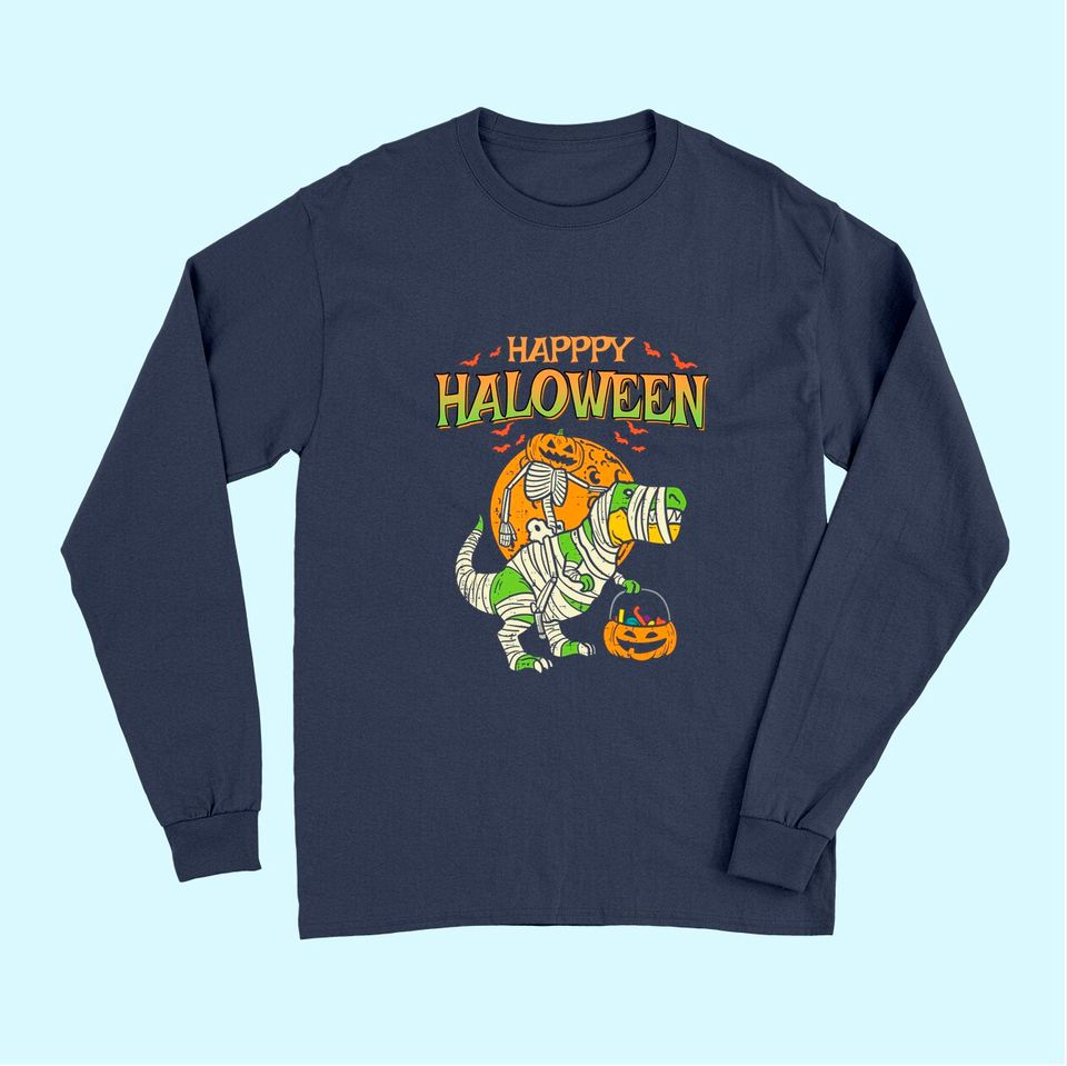Happy Halloween Kids Pumpkin Skeleton On Trex Funny Halloween Dinosaur Long Sleeves