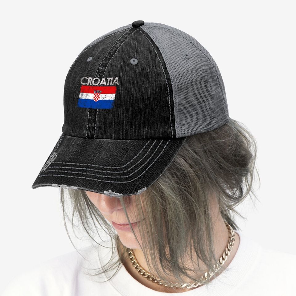 Vintage Croatia Croatian Flag Pride Gift Trucker Hat