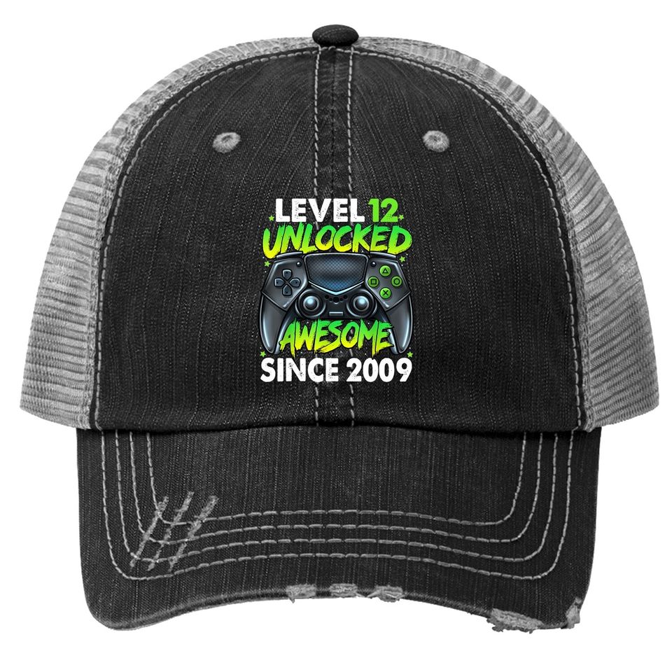 Level 12 Unlocked Awesome Since 2009 12th Birthday Gaming Trucker Hat